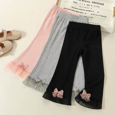 Toddler Solid Color Bowknot Decor Mesh Hem Trousers