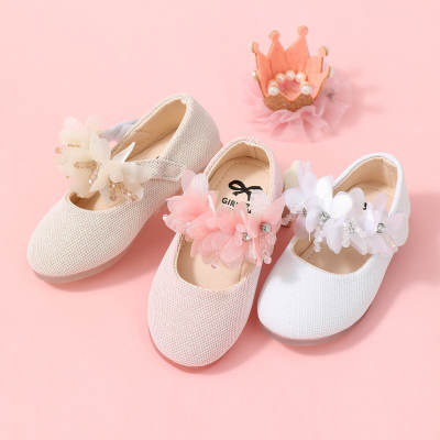 Sapatos de velcro com decoração de flores e miçangas 3D cor sólida para menina