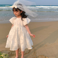 Girls' dress with big flowers and puff sleeves, sweet dress, princess dress  White