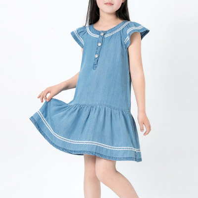 Kid Girl Stripe Pattern Fly Sleeve Denim Dress
