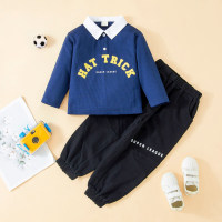 2-piece Toddler Boy Letter Printed Long Sleeve Polo Shirt & Solid Pants  Deep Blue