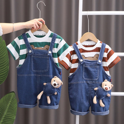 Children's suit two-piece set infant and toddler striped short-sleeved T-shirt children's clothing boys summer denim overalls shorts