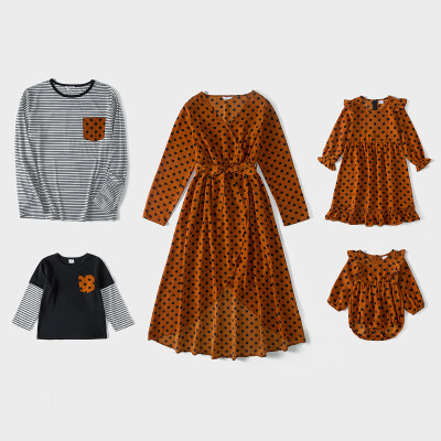 Family Matching Wave Point Print Long Sleeve Dress and T-shirt