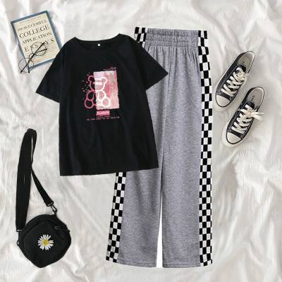Girls summer clothes, medium and large children's wide-leg pants, casual short-sleeved T-shirt two-piece suit