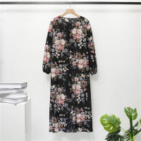 Women's floral dress round neck pullover loose robe  Black