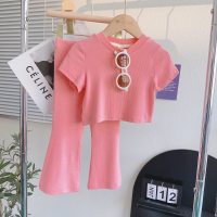 Roupas infantis de verão para meninas ternos casuais macios para bebês meninas camisetas de manga curta tops terno de duas peças  Rosa