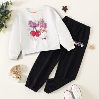 Kid Letter Fruit Printed Color Block Sweater & Sweatpants  Black