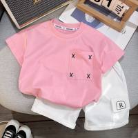 Children's short-sleeved tops versatile pink boy handsome Hong Kong style summer tops boy shorts suit two-piece set  Pink