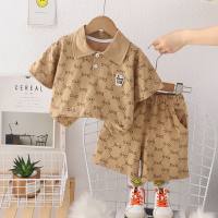 New summer style for small and medium children, comfortable and fashionable, full-printed diamond-shaped letter short-sleeved suit, fashionable boy summer short-sleeved suit  Khaki