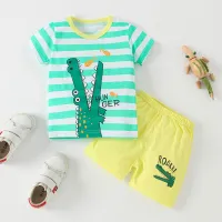 Toddler Boy Animal Stripes Color-block Bear Top & Shorts Pajamas Sets ملابس الأولاد والبنات لعيد الفطر 2022 Green