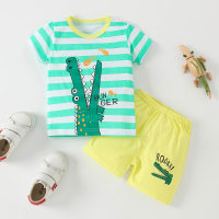 Toddler Boy Animal Stripes Color-block Bear Top & Shorts Pajamas Sets  Green