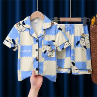 Pure cotton breathable children's pajamas boys lapel short-sleeved shorts cardigan cartoon home clothes suit  Multicolor