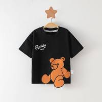 Camiseta de verano para niños, camiseta de media manga con oso de algodón puro para niños y niñas, ropa para niños, top de dibujos animados para bebés  Negro