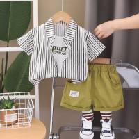 Children's summer children's clothing suits children's stylish cartoon short-sleeved suits plaid shirts fake three-piece short-sleeved suits trendy  Green