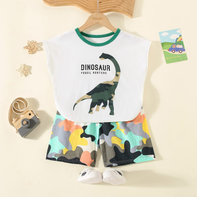 2-piece Toddler Boy Pure Cotton Letter and Dinosaur Printed Short Sleeve T-shirt & Matching Shorts