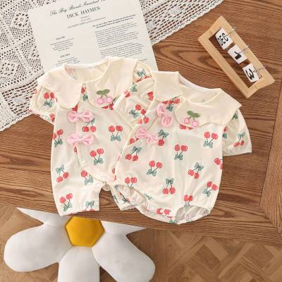 Baby clothes summer clothes newborn baby girl one-piece thin petal collar bow cherry one-piece