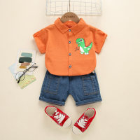 Camisa de manga curta e short jeans com estampa de dinossauro infantil de 2 peças  laranja
