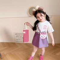 Girls' dress new summer children's style cartoon fake two-piece bag skirt baby mid-length skirt T trend  Purple
