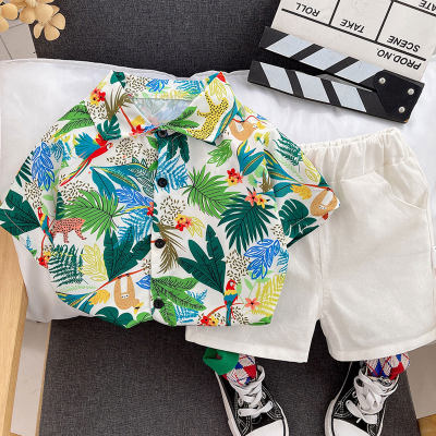 Men's shirts, summer shirts, Hong Kong style tops, beach children's short-sleeved Korean style fashionable baby girl clothes two-piece set