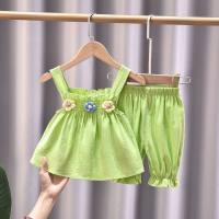 Girls suspender suit baby girl summer new two-piece suit small and medium children vest shorts infant sleeveless summer clothes  Green