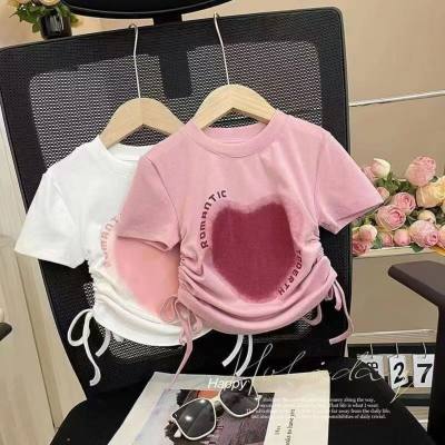 Girls summer short-sleeved new style love T-shirt baby soft skin-friendly casual drawstring top