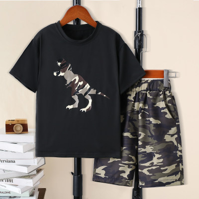 2-piece Kid Boy Dinosaur Printed Short Sleeve T-shirt & Camouflage Shorts