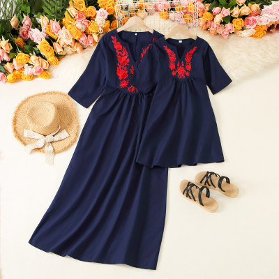 Elegant Embroidered Long Sleevele Dress for Mom and Me
