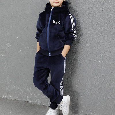 2-piece Kid Boy Letter Printed Striped Sleeve Hooded Zip-up Pleuche Jacket & Cropped Pants