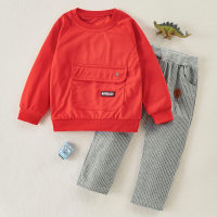 Toddler Boy Solid Color Pocket Design Pullover & Pants  Red