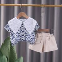 New arrival large lapel shirt short-sleeved suit girls thin shirt shorts two-piece suit  Blue