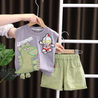Sommer neue stil jungen stilvolle baby cartoon Ultraman ärmelloses kurzarm baumwolle T-shirt zwei-stück set  Grau