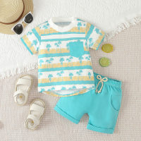 2024 new summer boys casual suit infants and toddlers tropical plant printed short-sleeved T-shirt shorts two-piece set  Blue