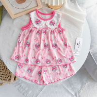 Children's clothing girls' going out suit ice silk cute doll collar vest shorts home clothes  Pink