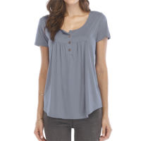 Women's smocked buttoned loose short-sleeved T-shirt top  Gray