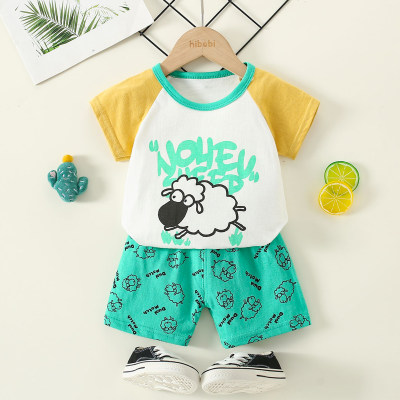 2-piece Toddler Boy Pure Cotton Color-block Letter and Sheep Printed Short Sleeve T-shirt & Allover Printing Shorts