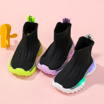 Zapatillas de deporte de calcetín alto de punto LED de color sólido para niños pequeños