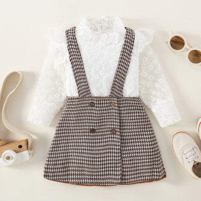 Toddler Solid Color Puff Sleeve Top & Houndstooth Overalls