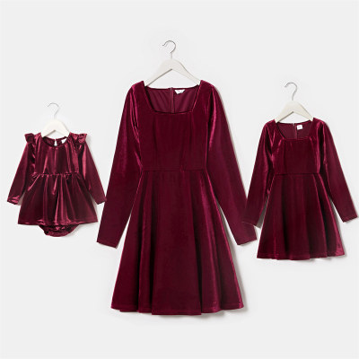 Mom Baby Clothes Solid Color Velvet Long-sleeve Dress