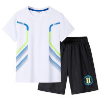 Terno infantil de verão para meninos, camiseta elástica de manga curta com secagem rápida ao ar livre, shorts elásticos, roupa esportiva  Branco
