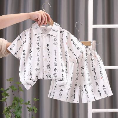 بدلة صيفية للأولاد رقيقة 2024 جديدة للأطفال من Hanfu قميص صيفي صغير ومتوسط للأطفال على الطراز الصيني بأكمام قصيرة بدلة مكونة من قطعتين