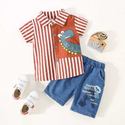 Toddler Boy Dinosaur Color-block Lapel Striped Top & Shorts