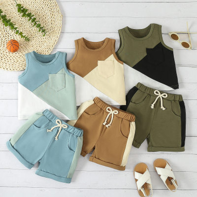 New style children's clothing for infants and young boys summer sleeveless stitching tops casual shorts beach small suit
