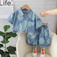 2024 قمصان صيفية جديدة للأولاد من قماش الدنيم بأكمام قصيرة ملابس عمل للأطفال سراويل تقليدية قميص بدلة من قطعتين  أخضر