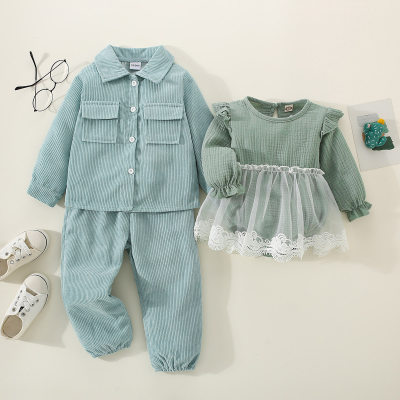 Brother and Sister Corduroy Solid Color Pocker Front Shirt & Matching Pants & Mesh Patchwork Long Fly Sleeve Romper