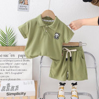 2024 Children's Summer New Short Sleeve Wholesale Children's Clothes Infant Boys Baby Lapel Cartoon T-Shirt Set  Green