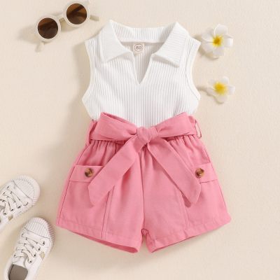 Toddler Girl Solid Color Pure Cotton Ribbed V-neck Top &  Bowknot Decor Shorts