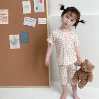 2024 new ice silk children's clothing home clothes boys and girls fashionable suits two-piece suits small and medium children's air-conditioning clothes  Beige