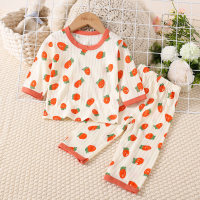 Camiseta de manga larga con estampado de fresas de algodón puro para niña pequeña de 2 piezas y pantalones a juego  naranja
