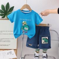 Trajes de verano para niños, nuevo estilo 2024, mochila para niños pequeños, ropa de verano con oso, traje de dos piezas de manga corta para niños  Azul