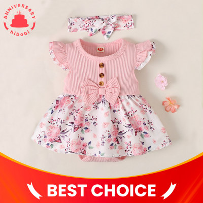 Baby Girl Floral Color-block Ruffle-sleeve Bodysuit with Hairband